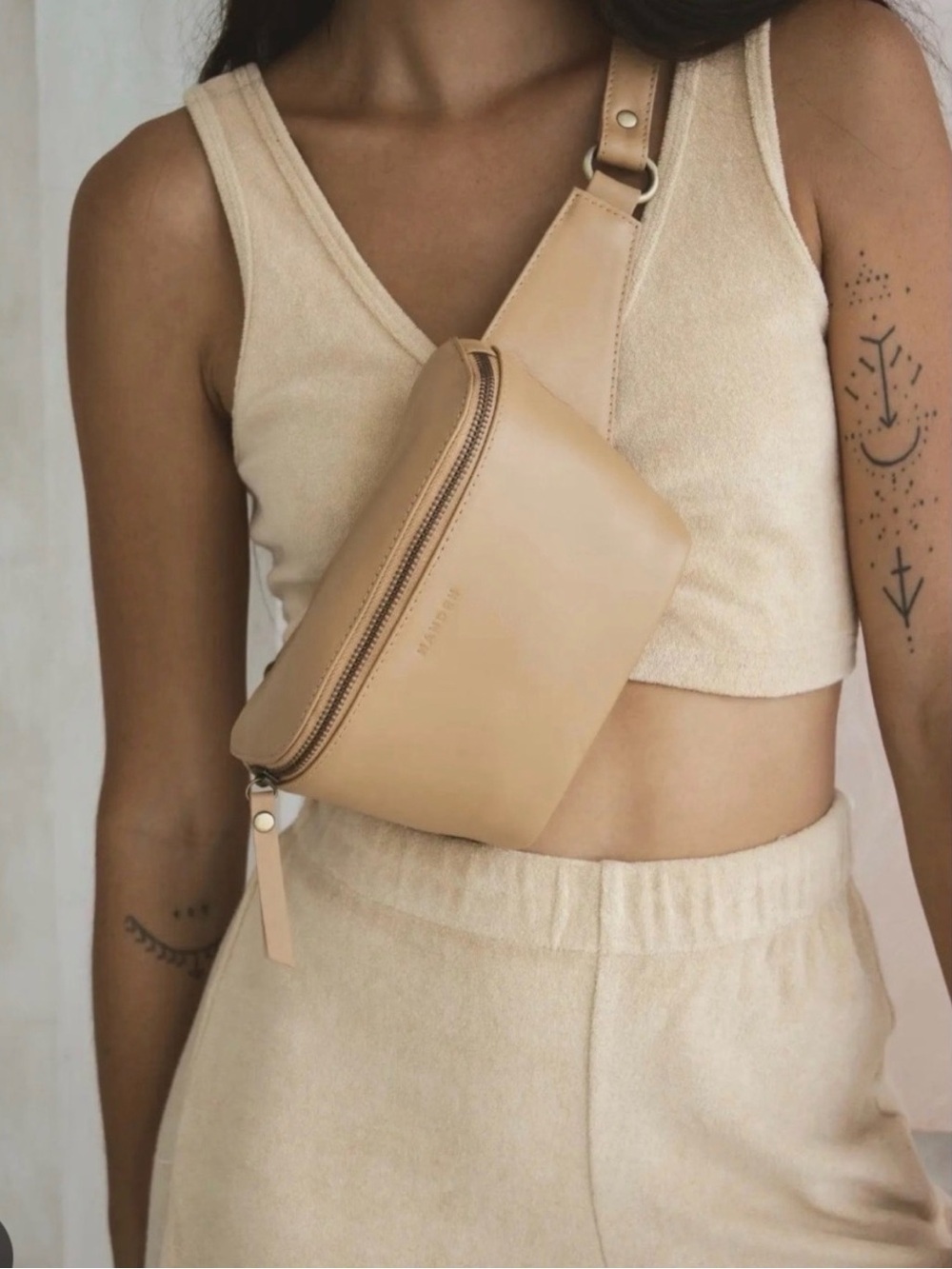 Mandrn Remy Leather Crossbody Belt Bag in Sand